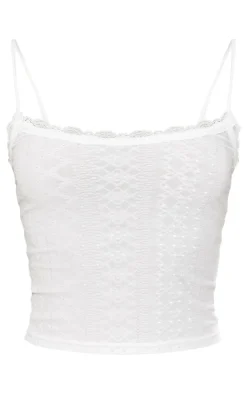 Cream Textured Stretch Lace Trim Bow Strap Cami