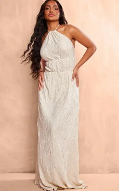Cream Textured Tiered Halterneck Maxi Dress