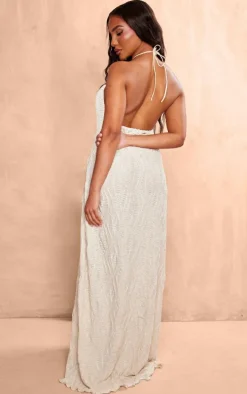 Cream Textured Tiered Halterneck Maxi Dress