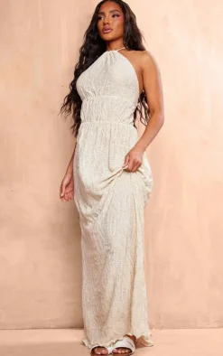 Cream Textured Tiered Halterneck Maxi Dress