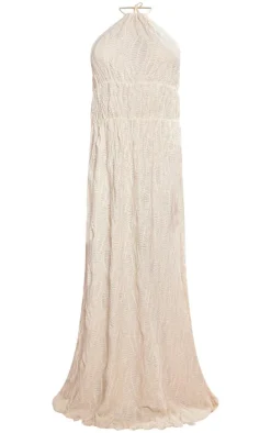 Cream Textured Tiered Halterneck Maxi Dress