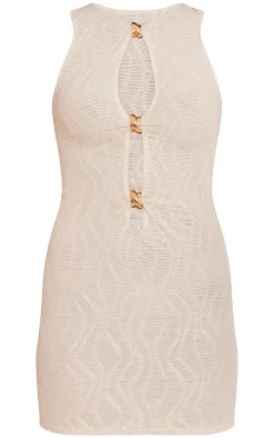 Cream Textured Trim Detail Cut Out Bodycon Dress