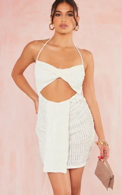 Cream Textured Twist Cut Out Drape Detail Bodycon Dress