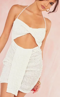 Cream Textured Twist Cut Out Drape Detail Bodycon Dress