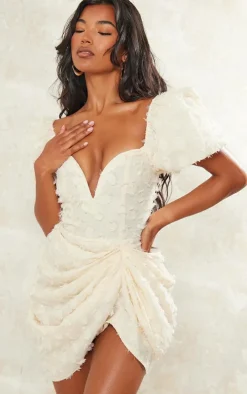 Cream Textured Underwired Plunge Drape Bodycon Dress