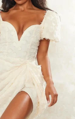 Cream Textured Underwired Plunge Drape Bodycon Dress