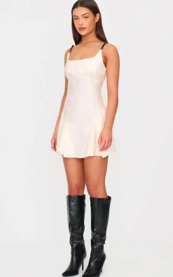 Cream Textured Woven Buckle Detail Shift Dress