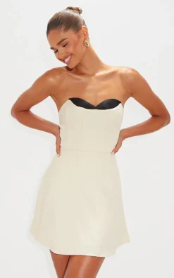 Cream Textured Woven Cup Detail Shift Dress