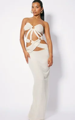 Cream Textured Woven Ring Detail Cut Out Bandeau Maxi Dress