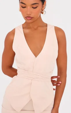 Cream Tie Wrap Waist Vest Mini Dress