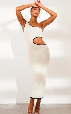 Cream Towel Knit Cut Out One Sleeve Midaxi Dress