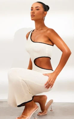Cream Towel Knit Cut Out One Sleeve Midaxi Dress