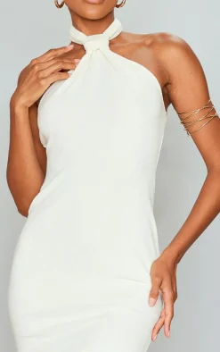 Cream Towelling Knot Halterneck Bodycon Dress