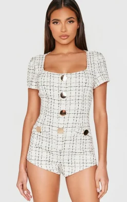 Cream Tweed Short Sleeve Button Detail Romper