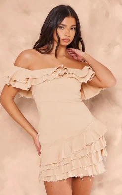 Cream Twill Bardot Frayed Edge Tiered Shift Dress