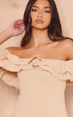 Cream Twill Bardot Frayed Edge Tiered Shift Dress