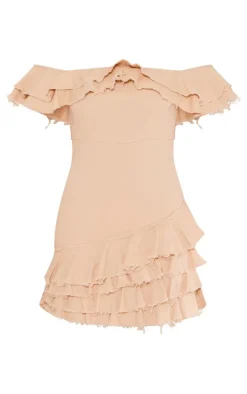 Cream Twill Bardot Frayed Edge Tiered Shift Dress