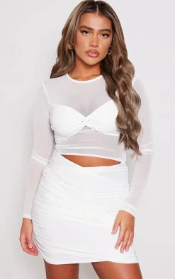 Cream Twist Front Mesh Panel Long Sleeve Mini Dress