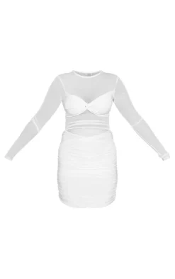 Cream Twist Front Mesh Panel Long Sleeve Mini Dress