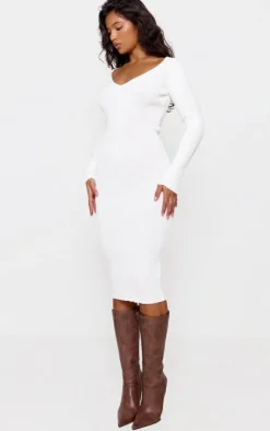 Cream V Neck Knit Midi Dress