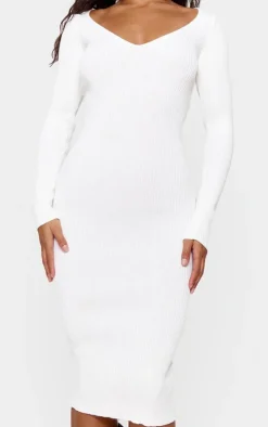 Cream V Neck Knit Midi Dress