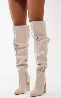 Cream Vinyl Point Toe Seam Detail Over The Knee High Block Heeled Boots