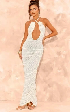Cream Waffle Cross Halterneck Rose Detail Maxi Dress