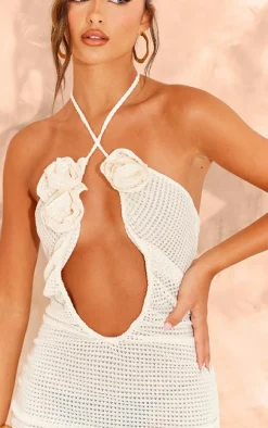 Cream Waffle Cross Halterneck Rose Detail Maxi Dress