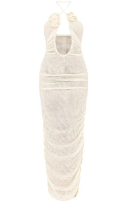 Cream Waffle Cross Halterneck Rose Detail Maxi Dress