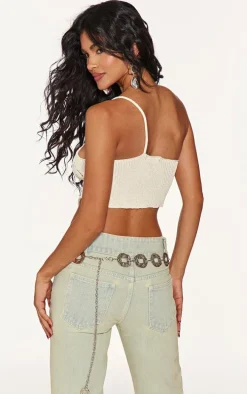 Cream Wave Knit Distressed Detail Asymmetric Top