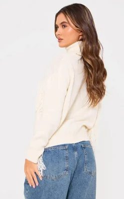 Cream Western Fringing Detail Roll Neck Knit Sweater