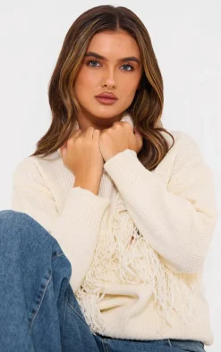 Cream Western Fringing Detail Roll Neck Knit Sweater