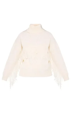 Cream Western Fringing Detail Roll Neck Knit Sweater