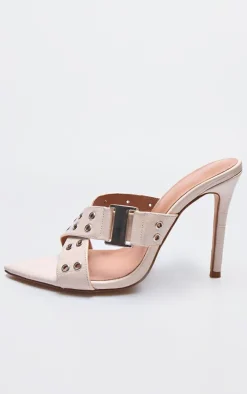 Cream Wide Fit Croc Pu Point Toe Buckle Detail Heeled Mules