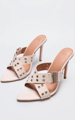 Cream Wide Fit Croc Pu Point Toe Buckle Detail Heeled Mules