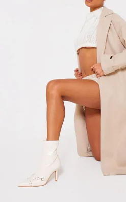 Cream Wide Fit Faux Leather Point Toe Buckle Detail Tab Ankle Heeled Boots