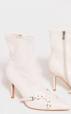 Cream Wide Fit Faux Leather Point Toe Buckle Detail Tab Ankle Heeled Boots