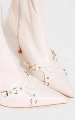 Cream Wide Fit Faux Leather Point Toe Buckle Detail Tab Ankle Heeled Boots