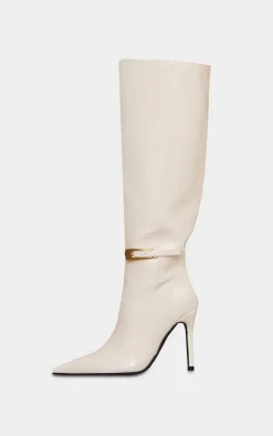 Cream Wide Fit Patent PU Point Toe Knee High Stiletto Heeled Boots