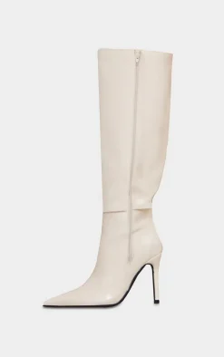 Cream Wide Fit Patent PU Point Toe Knee High Stiletto Heeled Boots