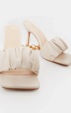 Cream WIDE FIT PU Ruched Square Toe Heeled Mules