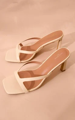 Cream Wide Fit PU Square Toe Heeled Mules