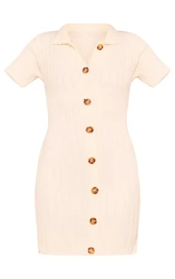 Cream Wide Rib Knit Button Mini Dress