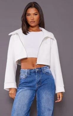 Cream Wool Look Pocket Detail Cropped Jacket