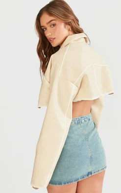 Cream Worn Faux Leather Boxy Cropped Jacket