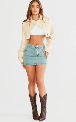 Cream Worn Faux Leather Boxy Cropped Jacket