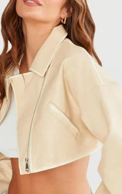 Cream Worn Faux Leather Boxy Cropped Jacket