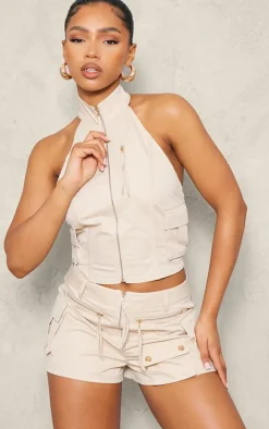 Cream Woven Cargo High Neck Fitted Top