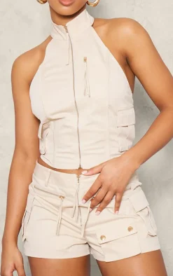 Cream Woven Cargo Zip Front Hot Pants