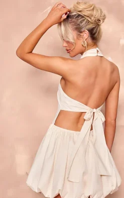 Cream Woven High Neck Tie Back Puff Ball Dress